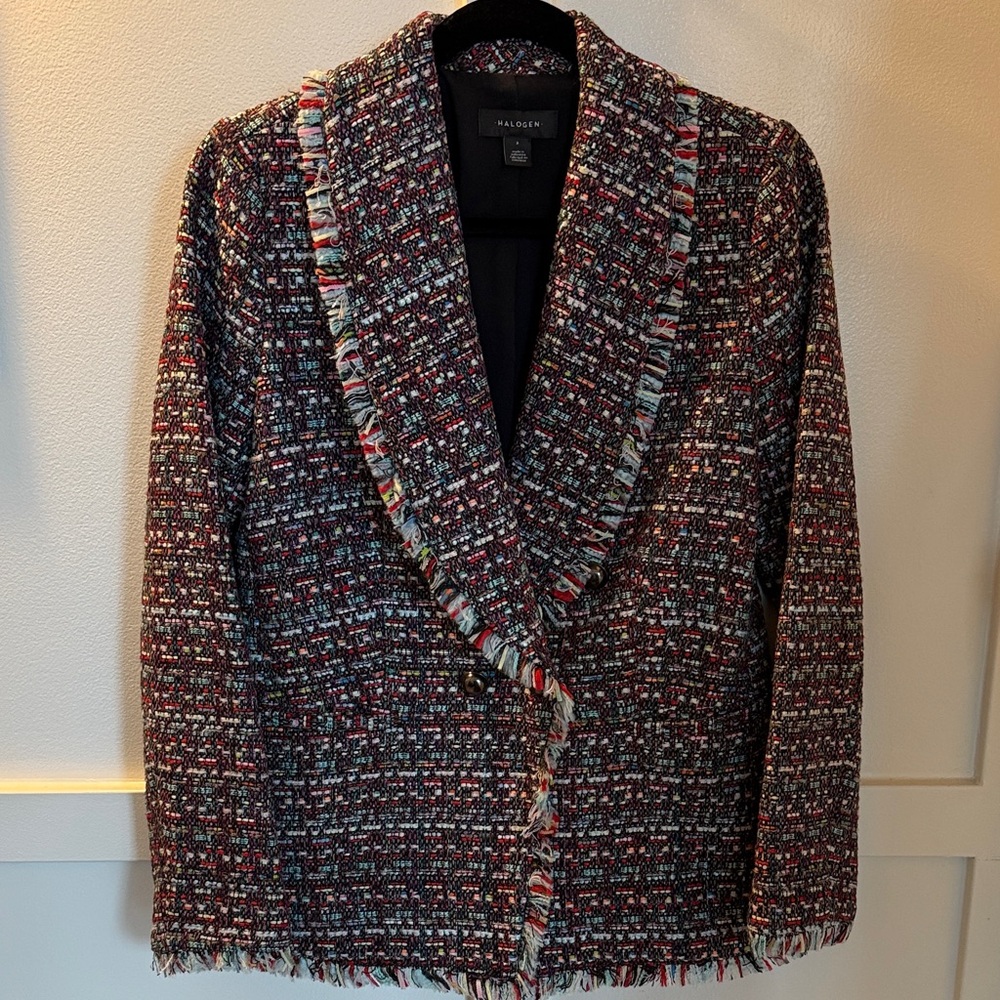 Halogen Multicolor Tweed Fringe Shawl-Collar Blazer